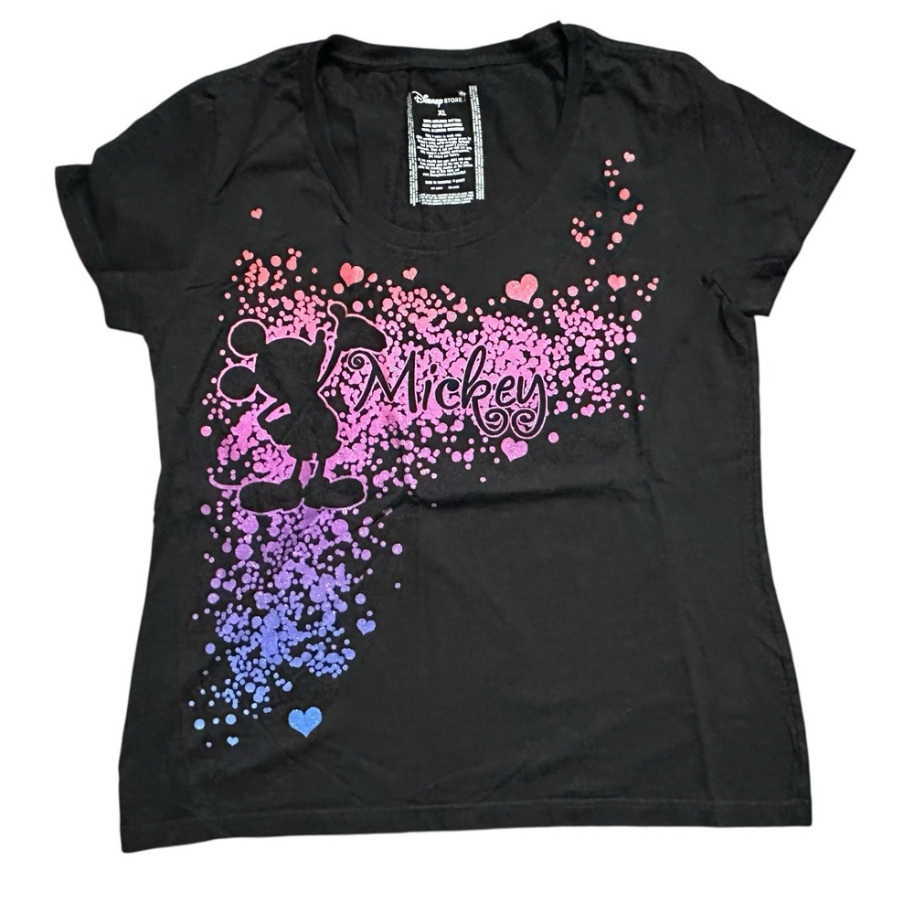 Disney Mickey Mouse Blowing Kisses Glittery Pink & Purple Black Shirt Size XL